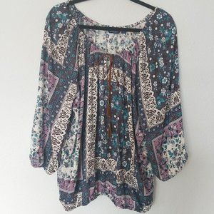 Great Northwest Indigo Boho Cotton Multi Floral Patchwork Print Cotton Blouse